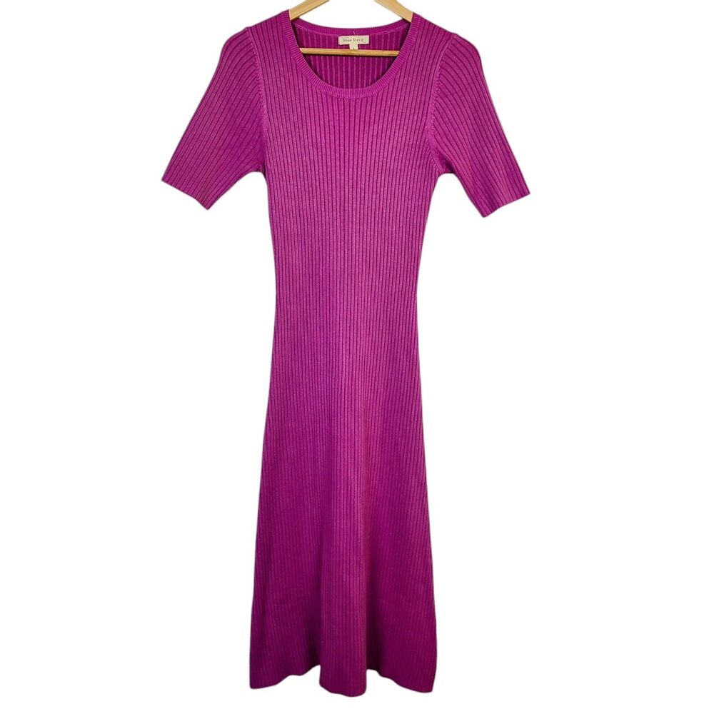 Shop Stevie Sweater Dress L Pink Ribbed Knit Short‎ Sleeve Bodycon Midi